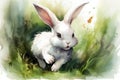 Happy little bunny hops and plays jumping through the grass, created with Generative AI technology