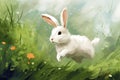 Happy little bunny hops and plays jumping through the grass, created with Generative AI technology