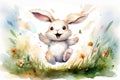 Happy little bunny hops and plays jumping through the grass, created with Generative AI technology