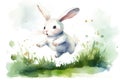 Happy little bunny hops and plays jumping through the grass, created with Generative AI technology