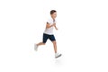 Happy little caucasian boy jumping and running isolated on white background Royalty Free Stock Photo