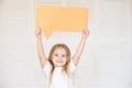 Happy Little Caucasian Girl Holding Blank Speech Bubble Royalty Free Stock Photo