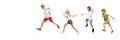 Happy little caucasian kids jumping and running isolated on white background