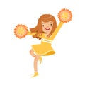 Happy little cheerleader girl dancing with yellow pompoms. Colorful cartoon character vector Illustration Royalty Free Stock Photo