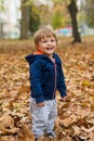 Happy little child, baby boy laughing and playing in autumn Royalty Free Stock Photo