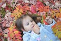 Happy little child, baby girl laughing and playing in the autumn on the nature walk outdoors Royalty Free Stock Photo