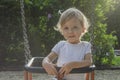 Happy little child boy having fun on a swing in the park. Funny outdoor activity in a beautiful summer sunny day, in children