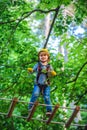 Happy Little child climbing a tree. Early childhood development. Adventure climbing high wire park. Child boy having fun Royalty Free Stock Photo