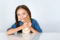 Happy little child girl with cute rabbit. Portrait of kid with pet Royalty Free Stock Photo