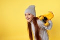 little child girl with yellow skateboard Royalty Free Stock Photo