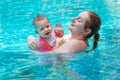 Happy little child with mom, First time in a large pool and very impressed. Very happy and frolic Royalty Free Stock Photo