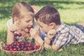 Happy little children lying near the tree with a basket of cherries at the day time. Royalty Free Stock Photo