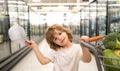 Happy little customer boy holdind trolley, shopping at supermarket, grocery store. Little boy in the supermarket. Royalty Free Stock Photo