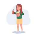 Happy little cute girl with bucket of popcorn and a glass of soft drink is walking to cinema. Flat vector cartoon illustration