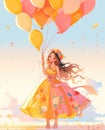 Happy little cute girl wearing a party dress with flowers in her hair and holding colorful balloons on a light blue white Royalty Free Stock Photo