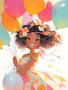 Happy little cute girl wearing a party dress with flowers in her hair and holding colorful balloons on a light blue white Royalty Free Stock Photo