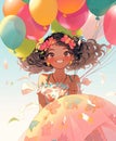 Happy little cute girl wearing a party dress with flowers in her hair and holding colorful balloons on a light blue white Royalty Free Stock Photo