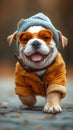 happy little dog with orange sunglasses and jacket panting and walking Royalty Free Stock Photo