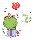 Happy little frog in birthday cap with balloon in gift box. Cute animal kawaii character. Vector illustration. Cool card