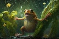 Happy little frog is dancing in the rain in the woods Royalty Free Stock Photo