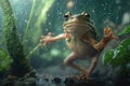 Happy little frog is dancing in the rain in the woods Royalty Free Stock Photo