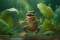 Happy little frog is dancing in the rain in the woods Royalty Free Stock Photo