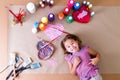 Happy little girl artist with her art supplies Royalty Free Stock Photo