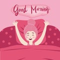 Happy child girl in bed waking up and smile at morning with pink blanket design. Good morning concept illustration