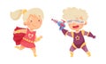 Happy little girl and boy wearing colorful superheroes costumes set. Kids playing and having fun at carnival or birthday