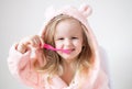 Happy Little Girl Brushing Her Teeth, Pink Toothbrush, Dental Hygiene Morning Night