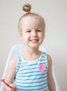 Happy Little Girl Brushing Her Teeth, Pink Toothbrush, Dental Hygiene Morning Night