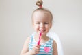 Happy Little Girl Brushing Her Teeth, Pink Toothbrush, Dental Hygiene Morning Night Royalty Free Stock Photo