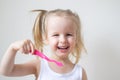 Happy Little Girl Brushing Her Teeth, Pink Toothbrush, Dental Hygiene Morning Night