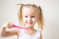 Happy Little Girl Brushing Her Teeth, Pink Toothbrush, Dental Hygiene, Morning Night Healthy Royalty Free Stock Photo