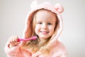 Happy Little Girl Brushing Her Teeth, Pink Toothbrush, Dental Hygiene, Morning Night Healthy Royalty Free Stock Photo