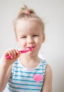 Happy Little Girl Brushing Her Teeth, Pink Toothbrush, Dental Hygiene Morning Night