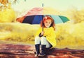 Happy little girl child with colorful umbrella in sunny autumn park Royalty Free Stock Photo