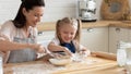 Happy mom and daughter prepare pie in kitchen Royalty Free Stock Photo