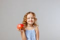 Happy little girl child holding a red apple. Healthy food. Gray background, studio, portrait Royalty Free Stock Photo