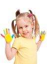 Happy little girl with colorful handprints