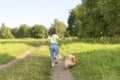 Happy little girl with dog walking in park, running along summer field. child playing with puppy outdoors. Royalty Free Stock Photo