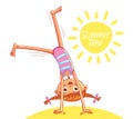 Happy little girl doing cartwheel on sea beach Royalty Free Stock Photo