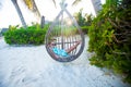 Happy little girl enjoy swing on white sandy Royalty Free Stock Photo