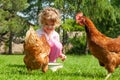 Happy little girl feeding chickens Royalty Free Stock Photo