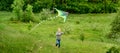 Happy little girl flying bright kite Royalty Free Stock Photo
