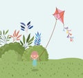 Happy little girl flying kite in the field landscape Royalty Free Stock Photo