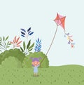 Happy little girl flying kite in the field landscape Royalty Free Stock Photo
