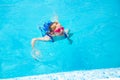 Happy little girl in goggles playing in swimming pool Beach resort, summer vacation, travel and tourism concept Royalty Free Stock Photo