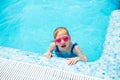 Happy little girl in goggles playing in swimming pool Beach resort, summer vacation, travel and tourism concept Royalty Free Stock Photo