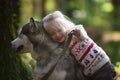 Happy little girl with her dog husky. Happy baby and dog hugs with tenderness smiling. Positive emotions of children Royalty Free Stock Photo